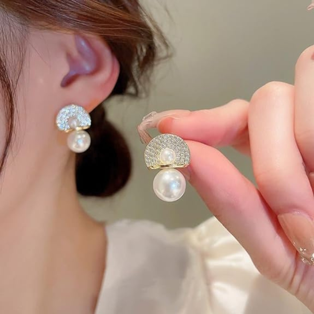 Premium Stone Pearl Stud Earrings - Image 2